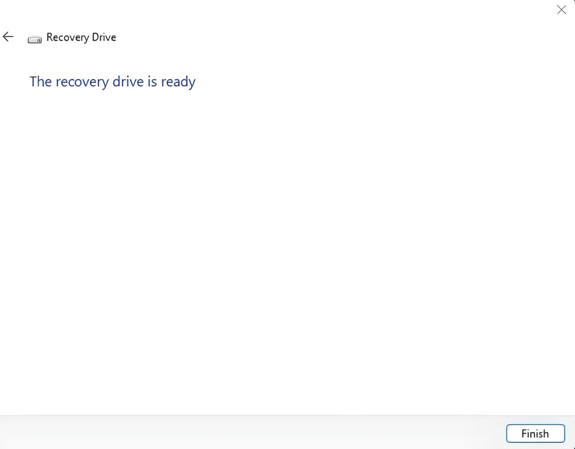 پیام موفقیت‌آمیز آماده‌سازی درایو بازیابی (Recovery Drive) در سیستم‌عامل ویندوز